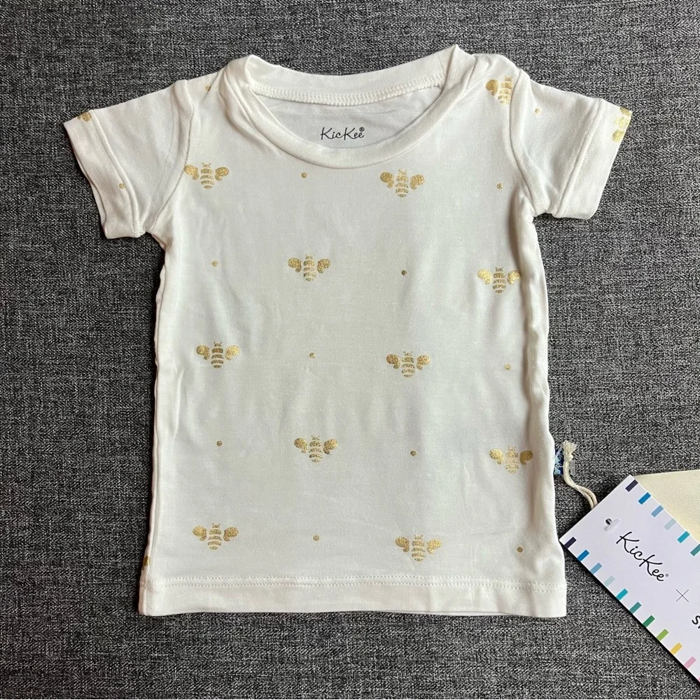 NWT Kickee Pants Print Short Sleeve Pajama Set in Gold Bees Bamboo 3-6M